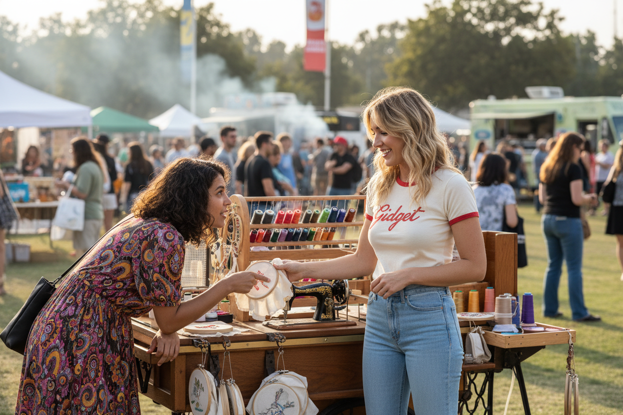 a blonde woman standing next to a mobile embroidery cart. the woman is wearing flared jeans and a vintage white t-shirt that says "Gidget" across the front. The t-shirt has red trim. there is someone shopping and speaking to the woman. the backround is a large, busy event space