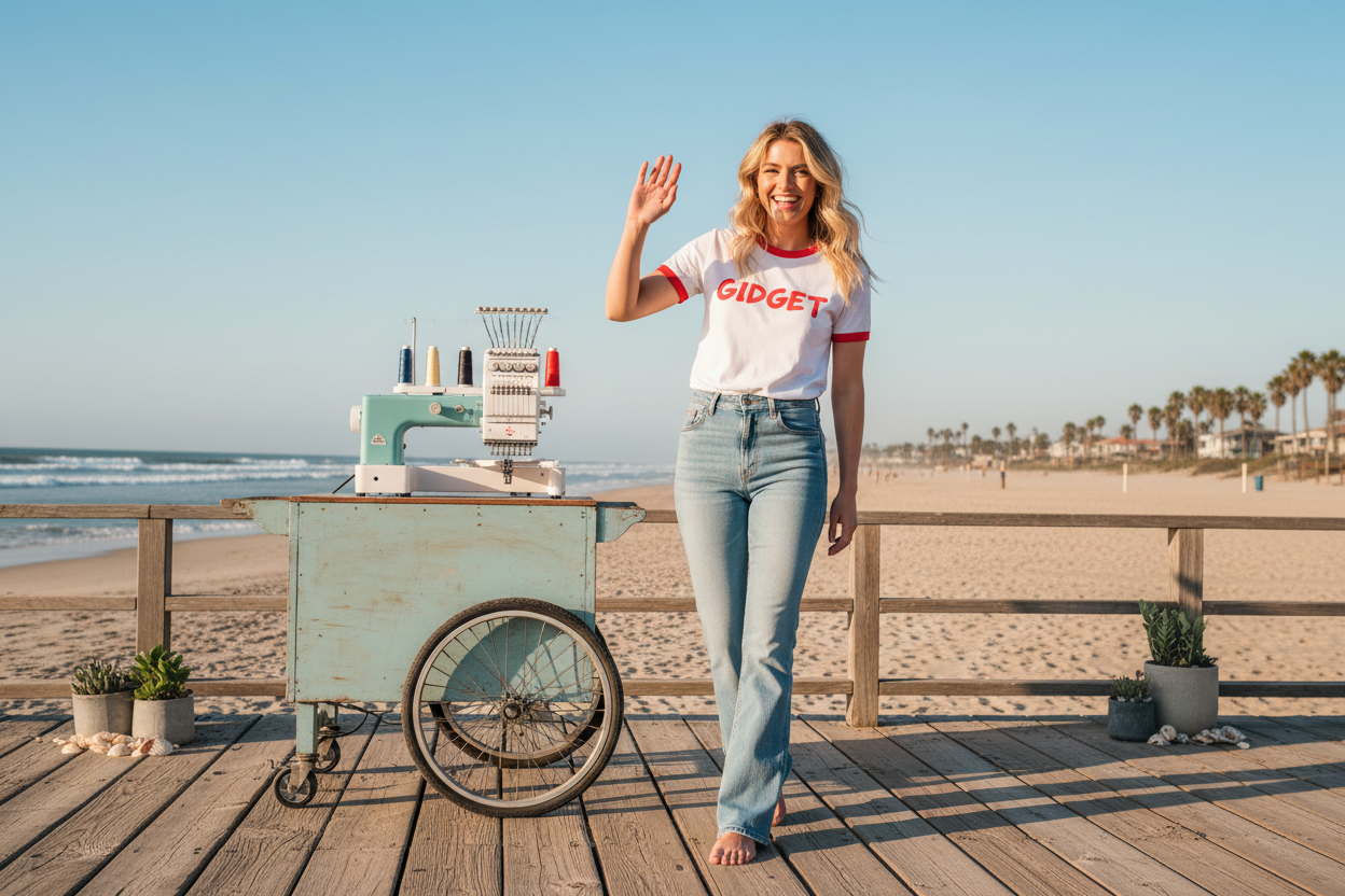 a blonde women wearing flare jeans and a white t-shirt with red trim. on the t-shirt it says "gidget" the woman is facing forward waving. she is on a boardwalk along the beach. she is standing next to a mobile cart and on top of the cart is an embroidery machine.  