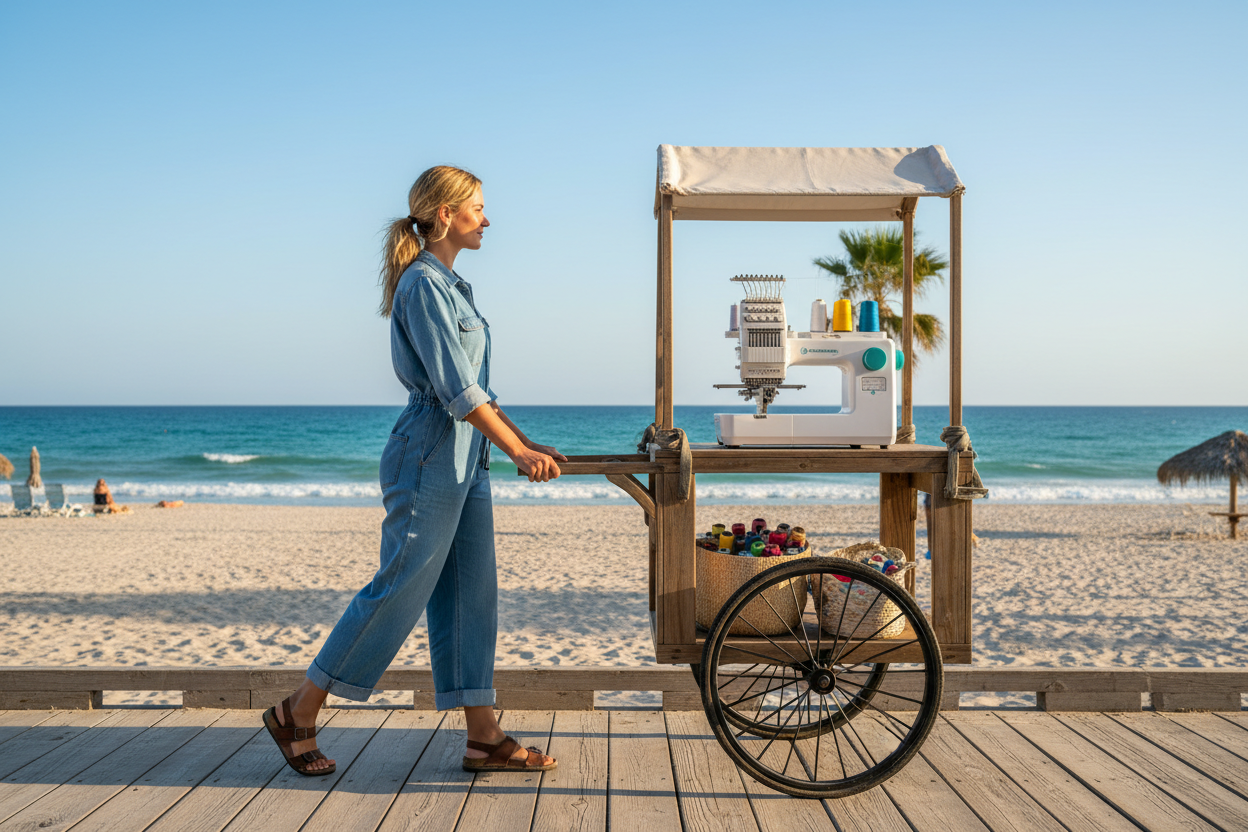 a mobile cart being pushed by a blonde woman and on the cart is an embroidery machine and she is pushing the cart on a boardwalk along the beach. The girl is wearing an all denim jumper